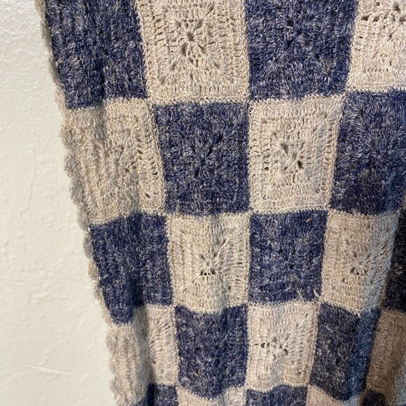 Margaret O’Leary Long Knit Scarf Blue Cream Checkered Linen Wool 80 Inch - Picture 5 of 10